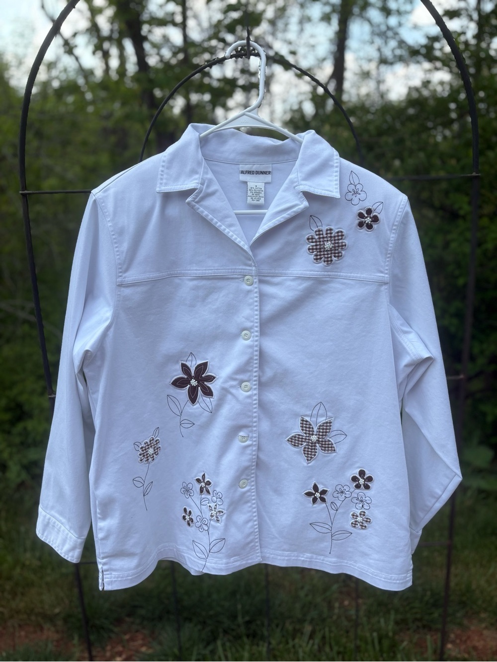 Alfred Dunner White Button-Front Shirt Jacket Brown Floral Size 16 Embroidered